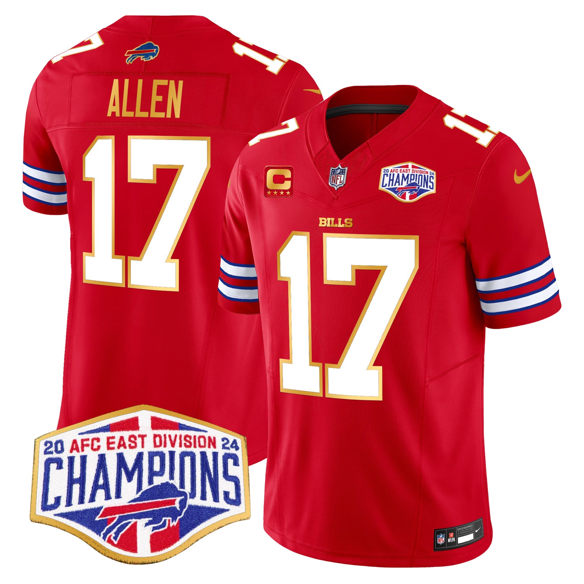 Bills 2024 AFC East Division Champions Gold Trim Vapor Limited Jersey – All Stitched – Red – Josh Allen Jersey