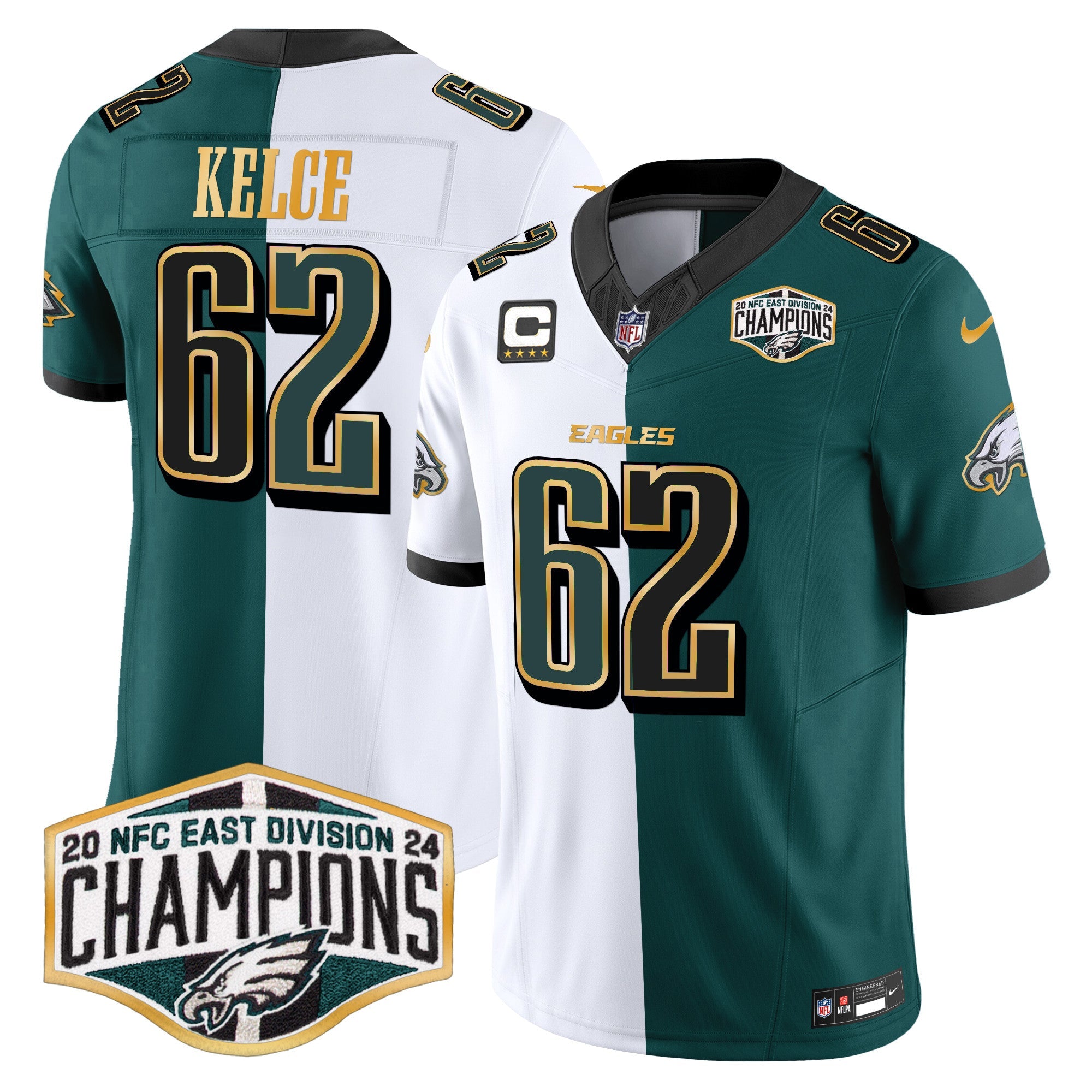 Eagles 2024 NFC East Division Champions Gold Trim Vapor Limited Jersey – All Stitched – Split – Jason Kelce Jersey