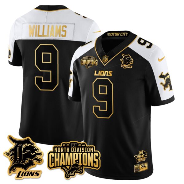 Detroit Lions 2024 NFC North Champions Gold Jersey N2 – All Stitched – Jameson Williams – 9 – Alternate Jersey