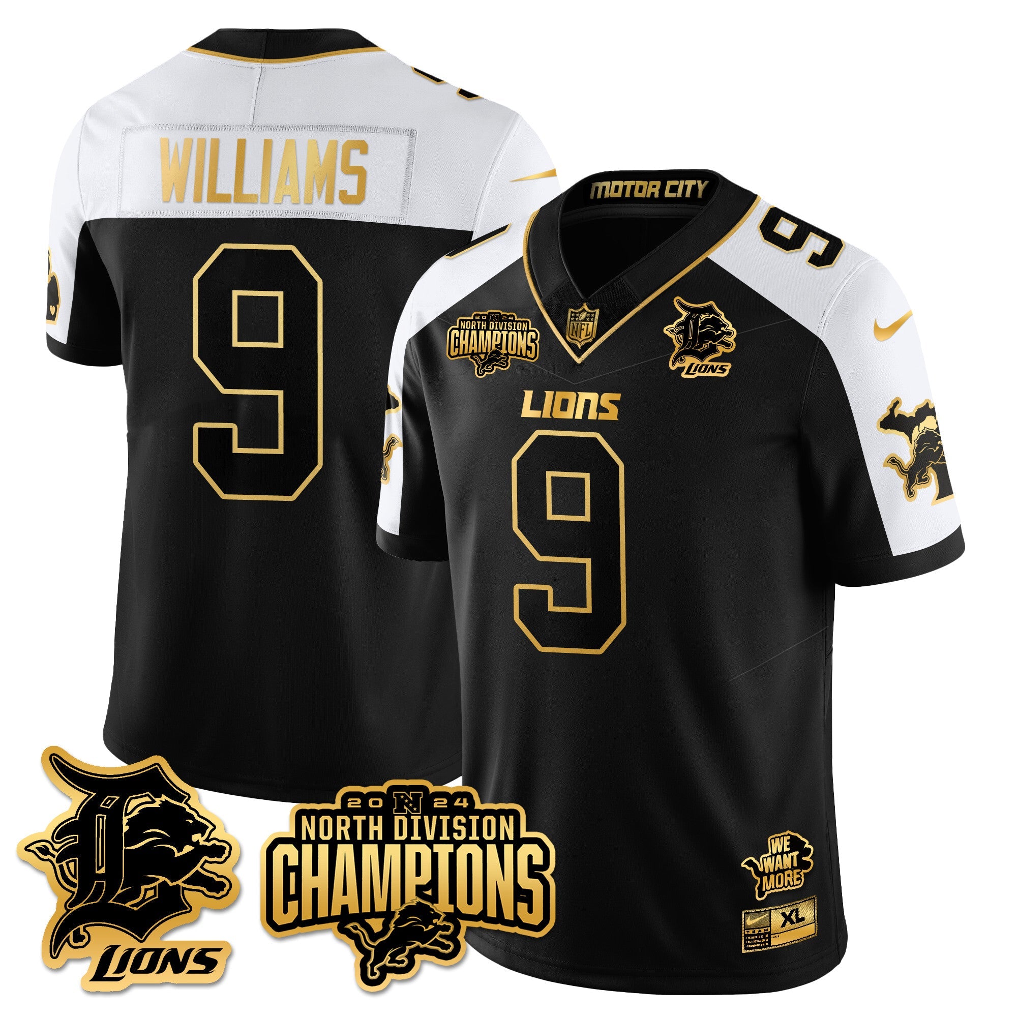 Detroit Lions 2024 NFC North Champions Gold Jersey N2 – All Stitched – Jameson Williams – 9 – Alternate Jersey