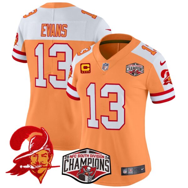 Women’s Tampa Bay Buccaneers Creamsicle 2024 NFC South Division Champions Patch Vapor Limited Jersey – All Stitched – Creamsicle Alternate – Mike Evans Jersey