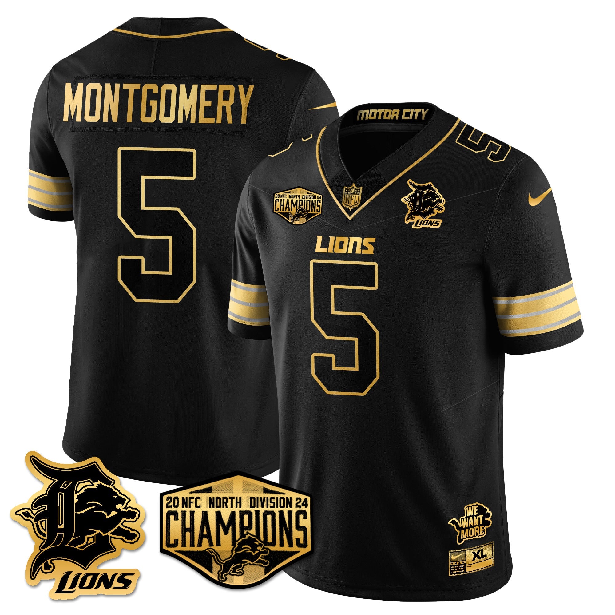Detroit Lions 2024 NFC North Champions Gold Jersey – All Stitched – David Montgomery – 5 – Black Gold Jersey