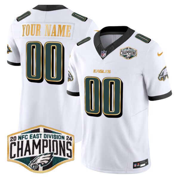 Eagles 2024 NFC East Division Champions Gold Trim Vapor Limited Custom Jersey – All Stitched – White Jersey