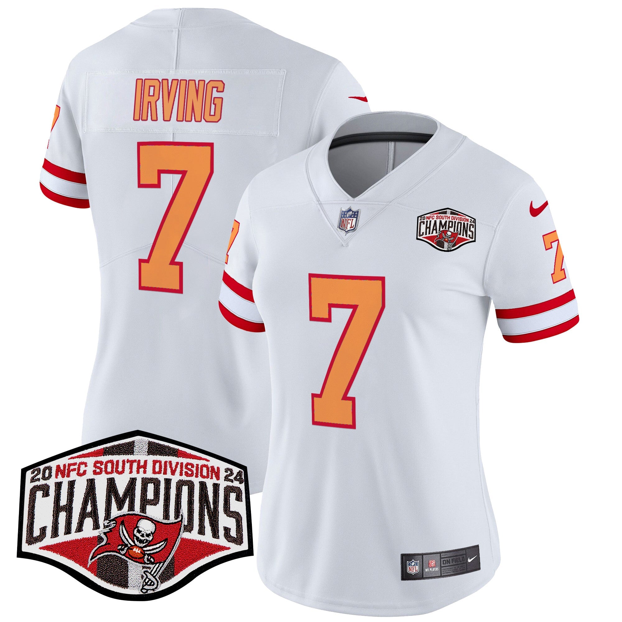 Women’s Tampa Bay Buccaneers Creamsicle 2024 NFC South Division Champions Patch Vapor Limited Jersey – All Stitched – White – Bucky Irving Jersey
