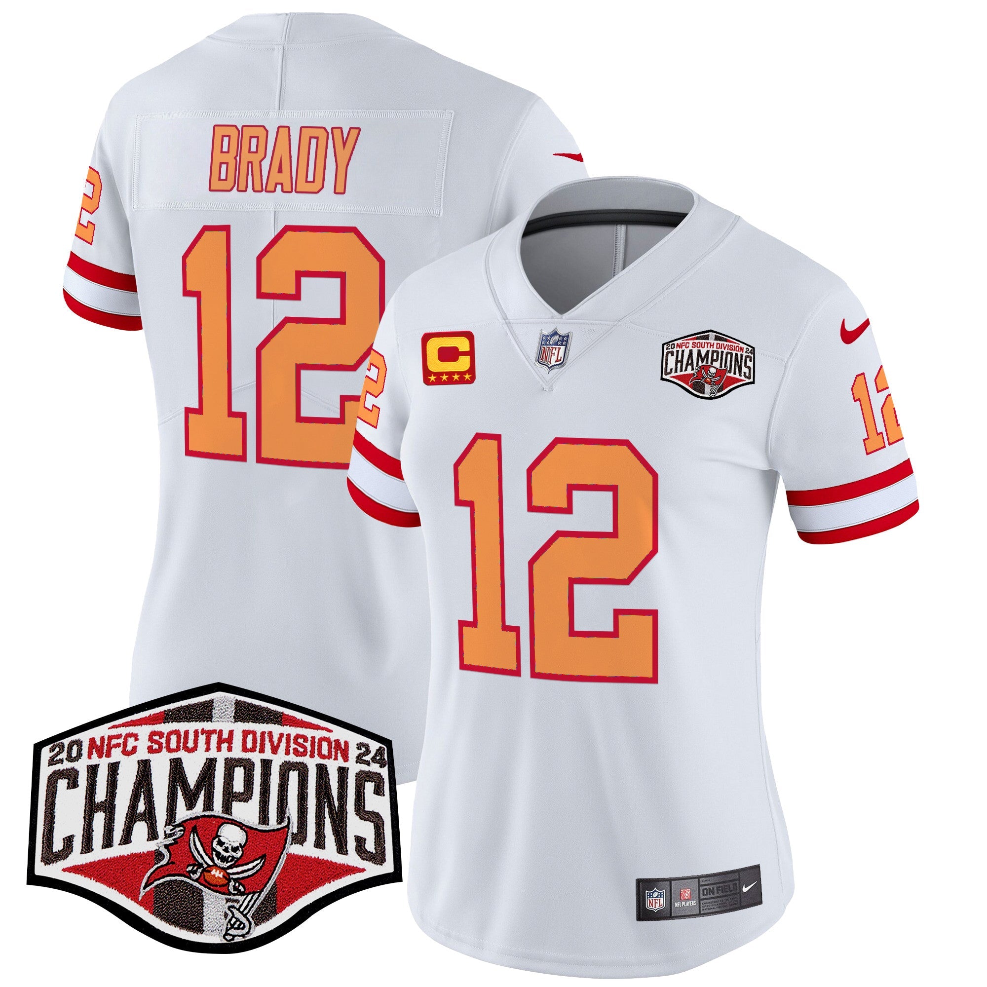 Women’s Tampa Bay Buccaneers Creamsicle 2024 NFC South Division Champions Patch Vapor Limited Jersey – All Stitched – White – Tom Brady Jersey