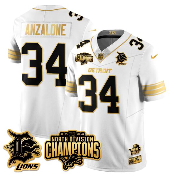 Detroit Lions 2024 NFC North Champions Gold Jersey N2 – All Stitched – Alex Anzalone – 34 – White Gold Jersey