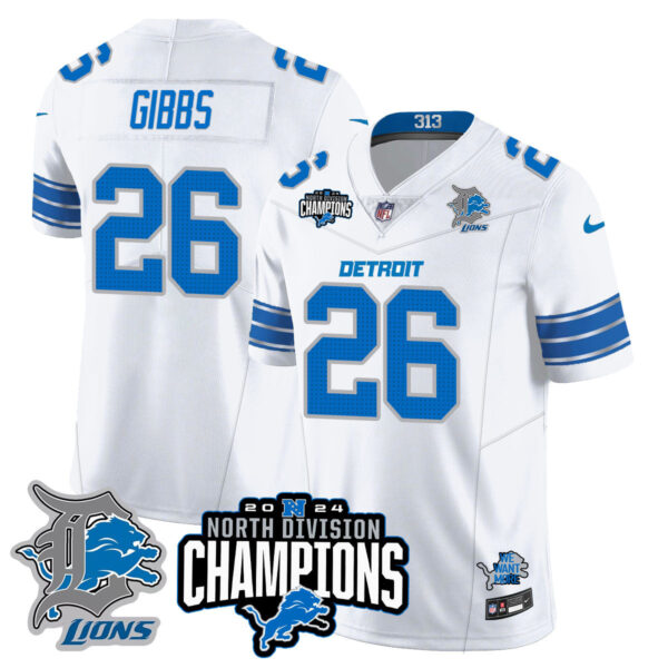 Detroit Lions 2024 NFC North Champions Gold Jersey N2 – All Stitched – Jahmyr Gibbs – 26 – White Jersey
