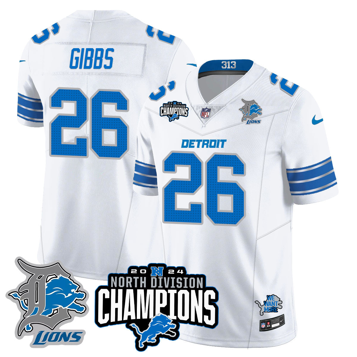 Detroit Lions 2024 NFC North Champions Gold Jersey N2 – All Stitched – Jahmyr Gibbs – 26 – White Jersey