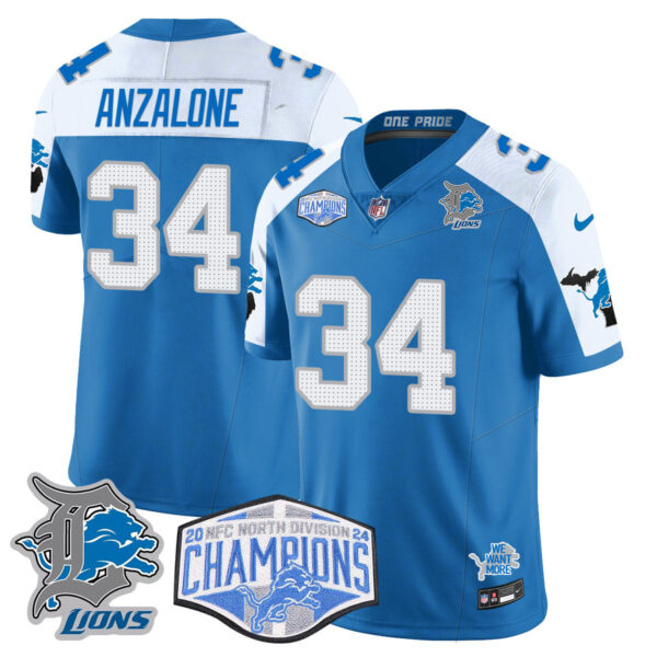Detroit Lions 2024 NFC North Champions Gold Jersey – All Stitched – Alex Anzalone – 34 – Blue Alternate Jersey