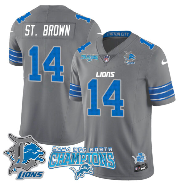 Detroit Lions 2024 NFC North Champions Gold Jersey N1 – All Stitched – Amon-Ra St. Brown – 14 – Gray Jersey