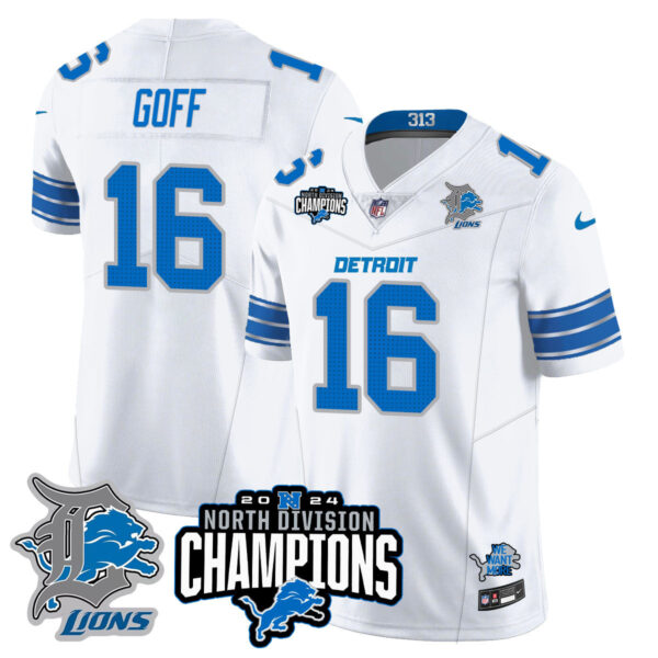 Detroit Lions 2024 NFC North Champions Gold Jersey N2 – All Stitched – Jared Goff – 16 – White Jersey