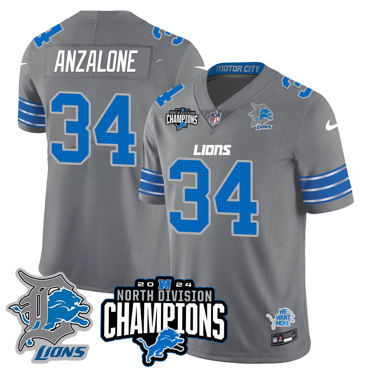Detroit Lions 2024 NFC North Champions Gold Jersey N2 – All Stitched – Alex Anzalone – 34 – Gray Jersey