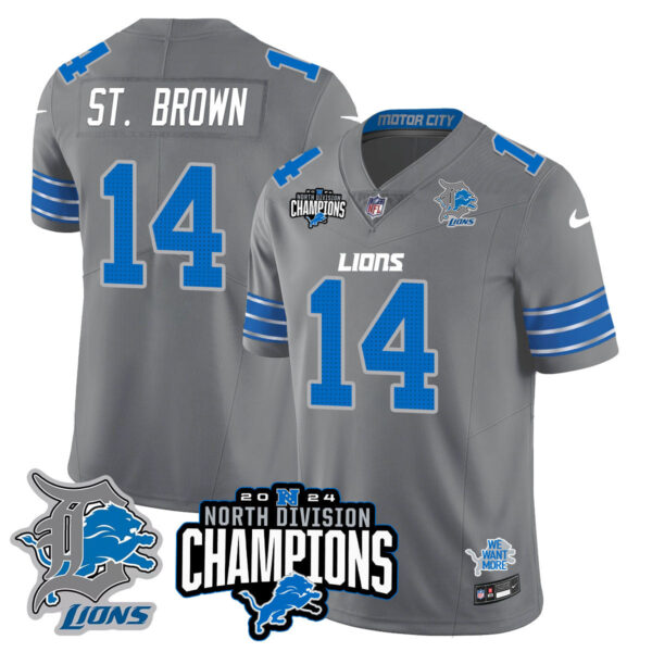 Detroit Lions 2024 NFC North Champions Gold Jersey N2 – All Stitched – Amon-Ra St. Brown – 14 – Gray Jersey