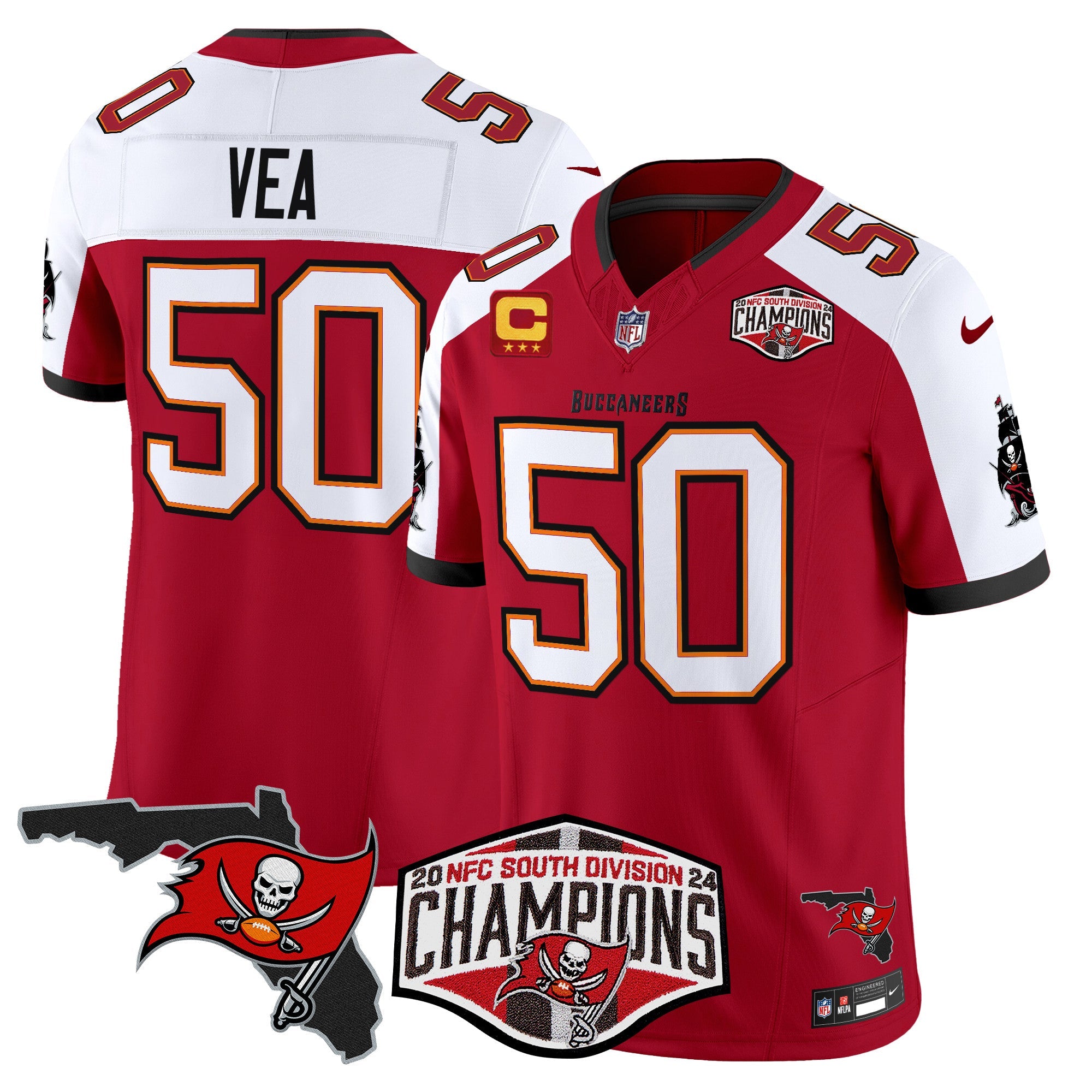 Buccaneers 2024 NFC South Division Champions Patch Vapor Limited Jersey – All Stitched – Red Alternate – Vita Vea Jersey