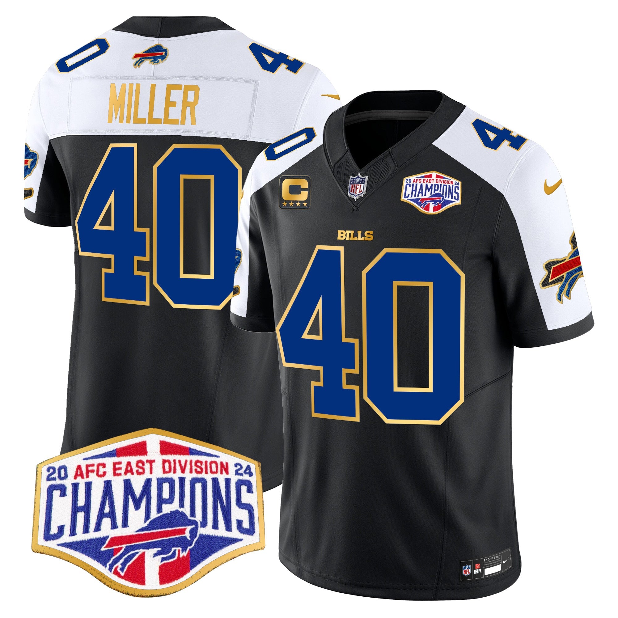 Bills 2024 AFC East Division Champions Gold Trim Vapor Limited Jersey – All Stitched – Black Alternate – Von Miller Jersey