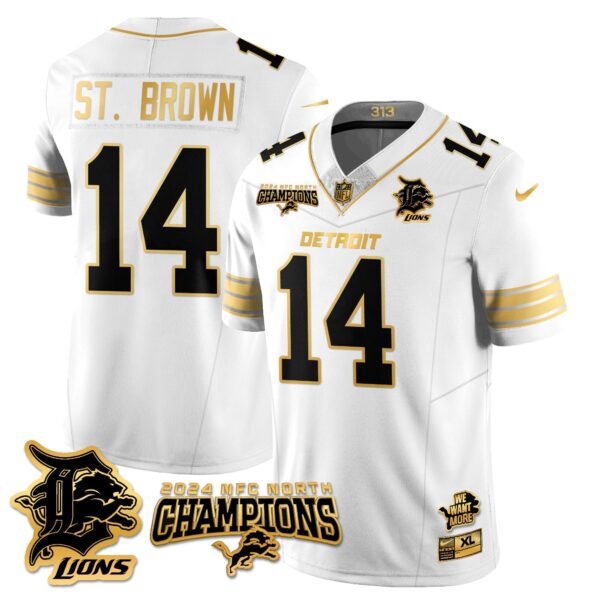 Detroit Lions 2024 NFC North Champions Gold Jersey N1 – All Stitched – Amon-Ra St. Brown – 14 – White Gold Jersey