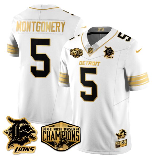 Detroit Lions 2024 NFC North Champions Gold Jersey – All Stitched – David Montgomery – 5 – White Gold Jersey