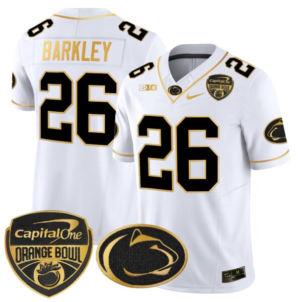 Penn State Nittany Lions Orange Bowl Patch Gold Vapor Limited Jersey – All Stitched – White Gold – Saquon Barkley Jersey