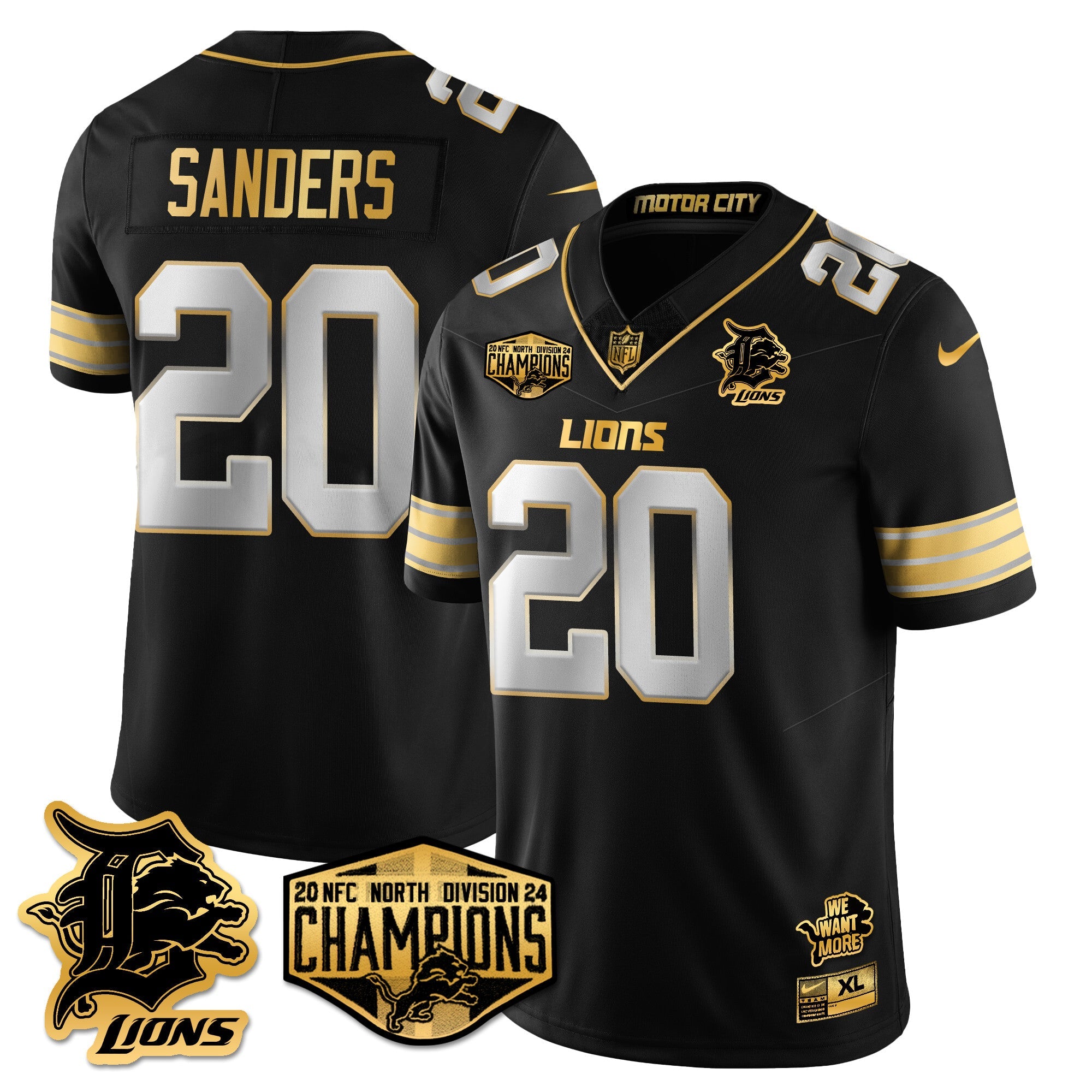 Detroit Lions 2024 NFC North Champions Gold Jersey – All Stitched – Barry Sanders – 20 – Black Limited Jersey