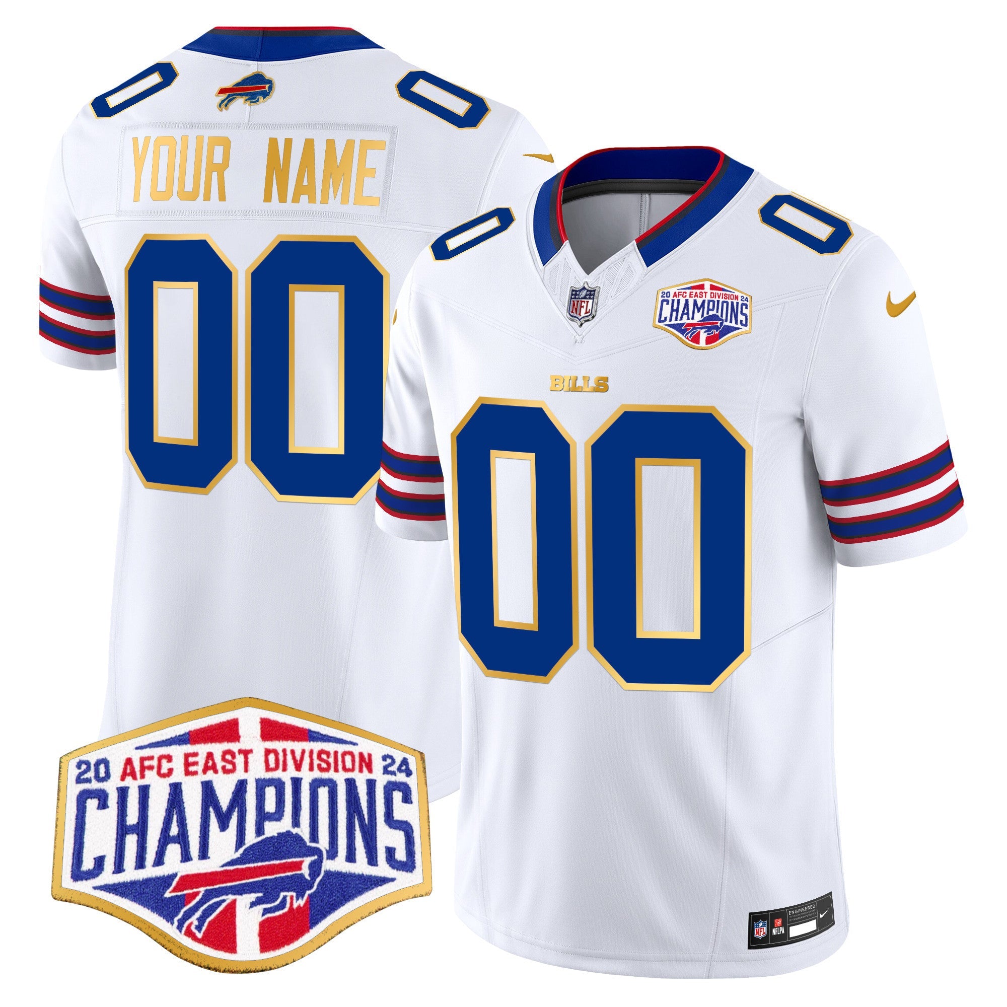 Bills 2024 AFC East Division Champions Gold Trim Vapor Limited Custom Jersey – All Stitched – White Jersey