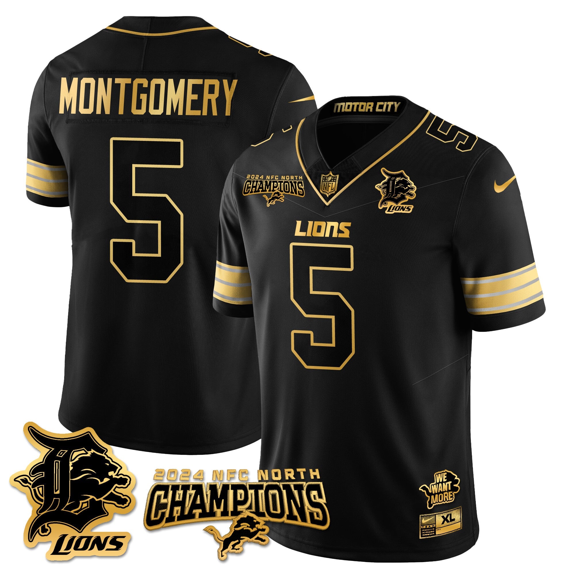 Detroit Lions 2024 NFC North Champions Gold Jersey N1 – All Stitched – David Montgomery – 5 – Black Gold Jersey