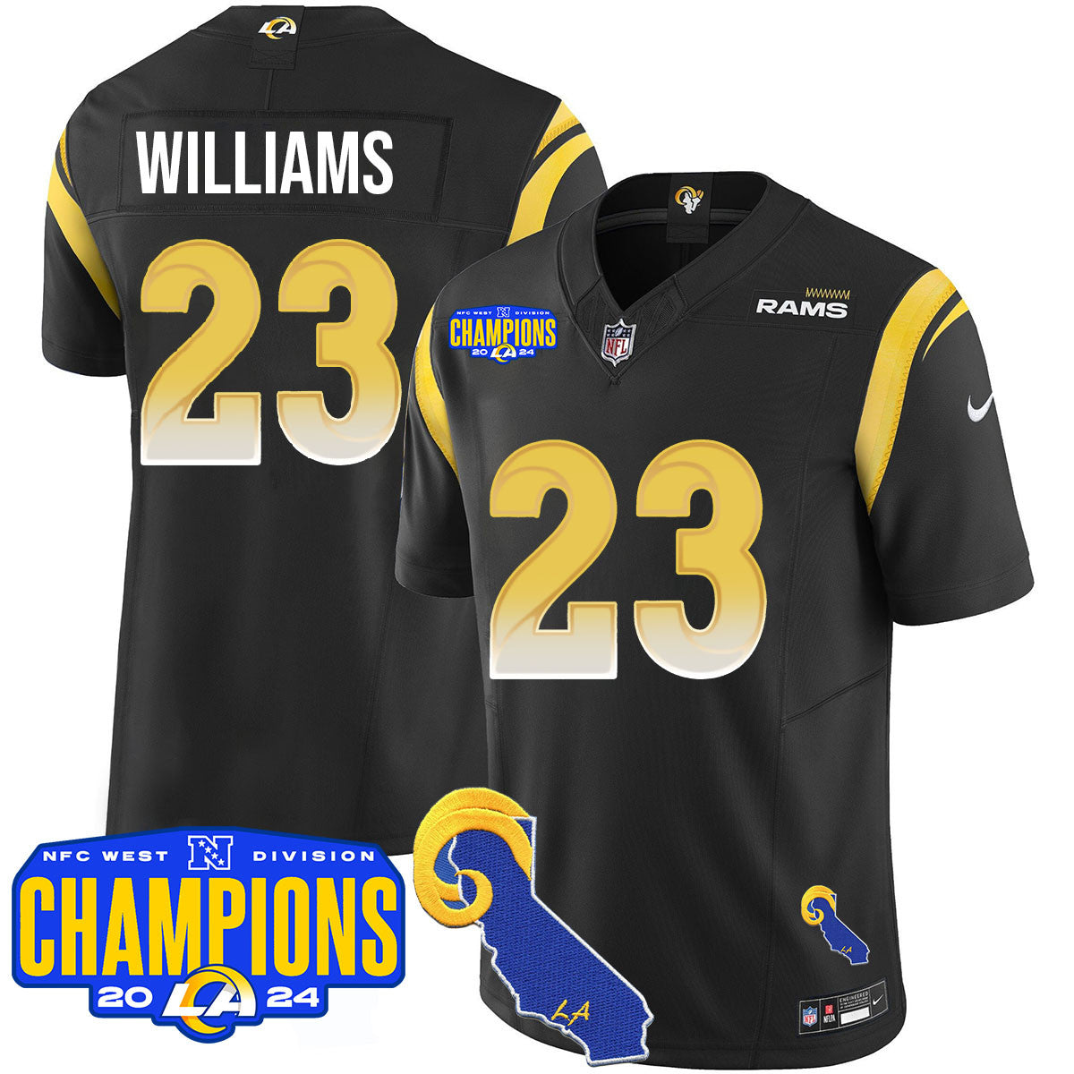 Los Angeles Rams 2024 NFC West Division Champions Jersey – All Stitched – Kyren Williams – 23 – Black Jersey