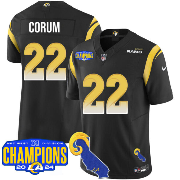Los Angeles Rams 2024 NFC West Division Champions Jersey – All Stitched – Blake Corum – 22 – Black Jersey