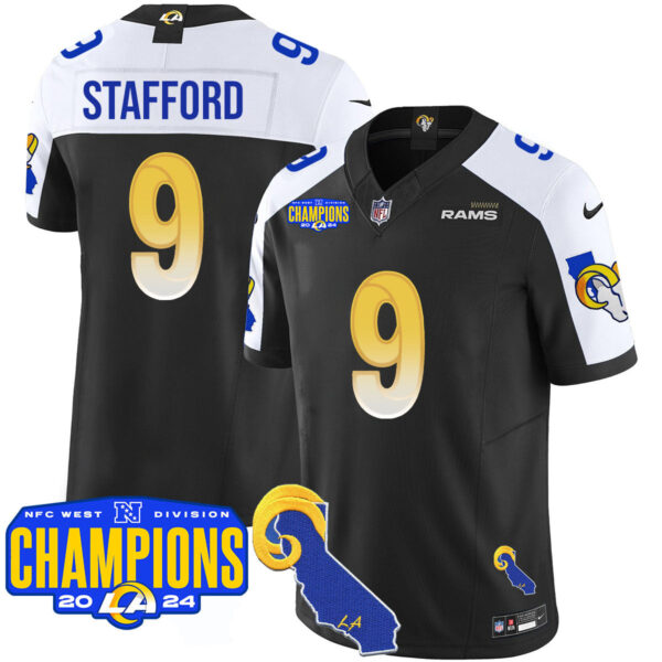 Los Angeles Rams 2024 NFC West Division Champions Jersey – All Stitched – Matthew Stafford – 9 – Black Alternate Jersey