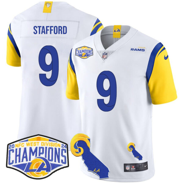 Los Angeles Rams 2024 NFC West Division Champions Jersey N1 – All Stitched – Matthew Stafford – 9 – White Jersey