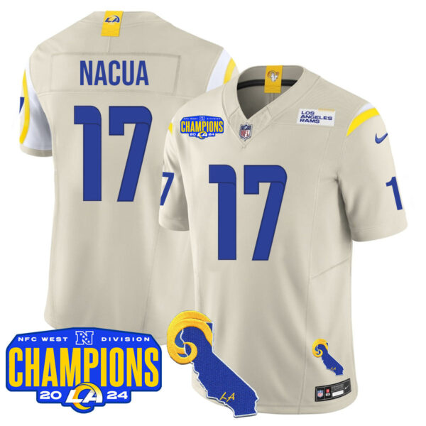 Los Angeles Rams 2024 NFC West Division Champions Jersey – All Stitched – Puka Nacua – 17 – Bone Jersey
