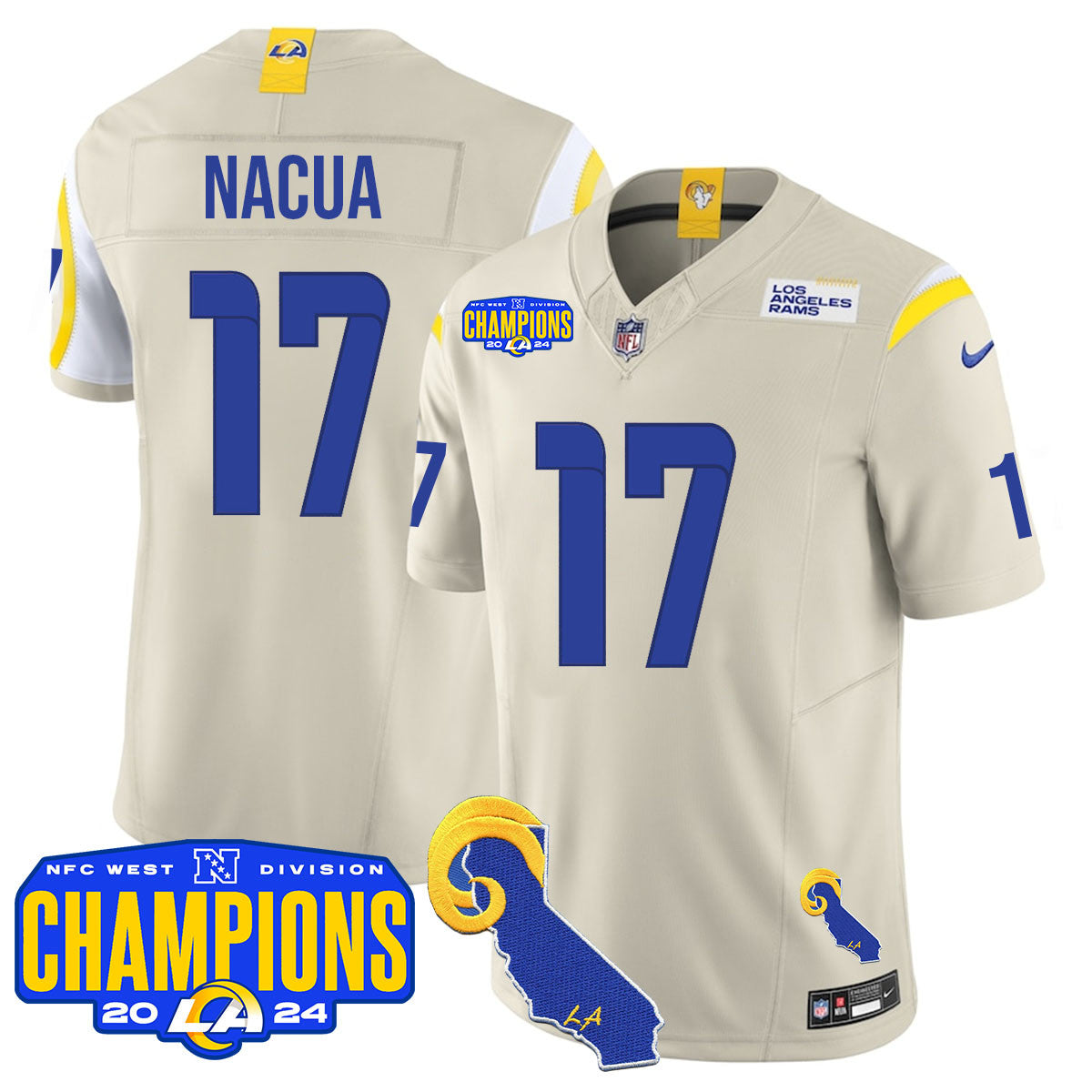 Los Angeles Rams 2024 NFC West Division Champions Jersey – All Stitched – Puka Nacua – 17 – Bone Jersey