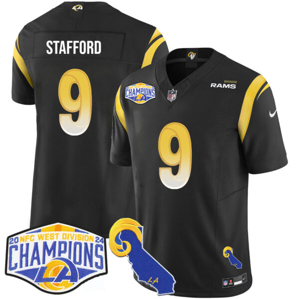 Los Angeles Rams 2024 NFC West Division Champions Jersey N1 – All Stitched – Matthew Stafford – 9 – Black Jersey