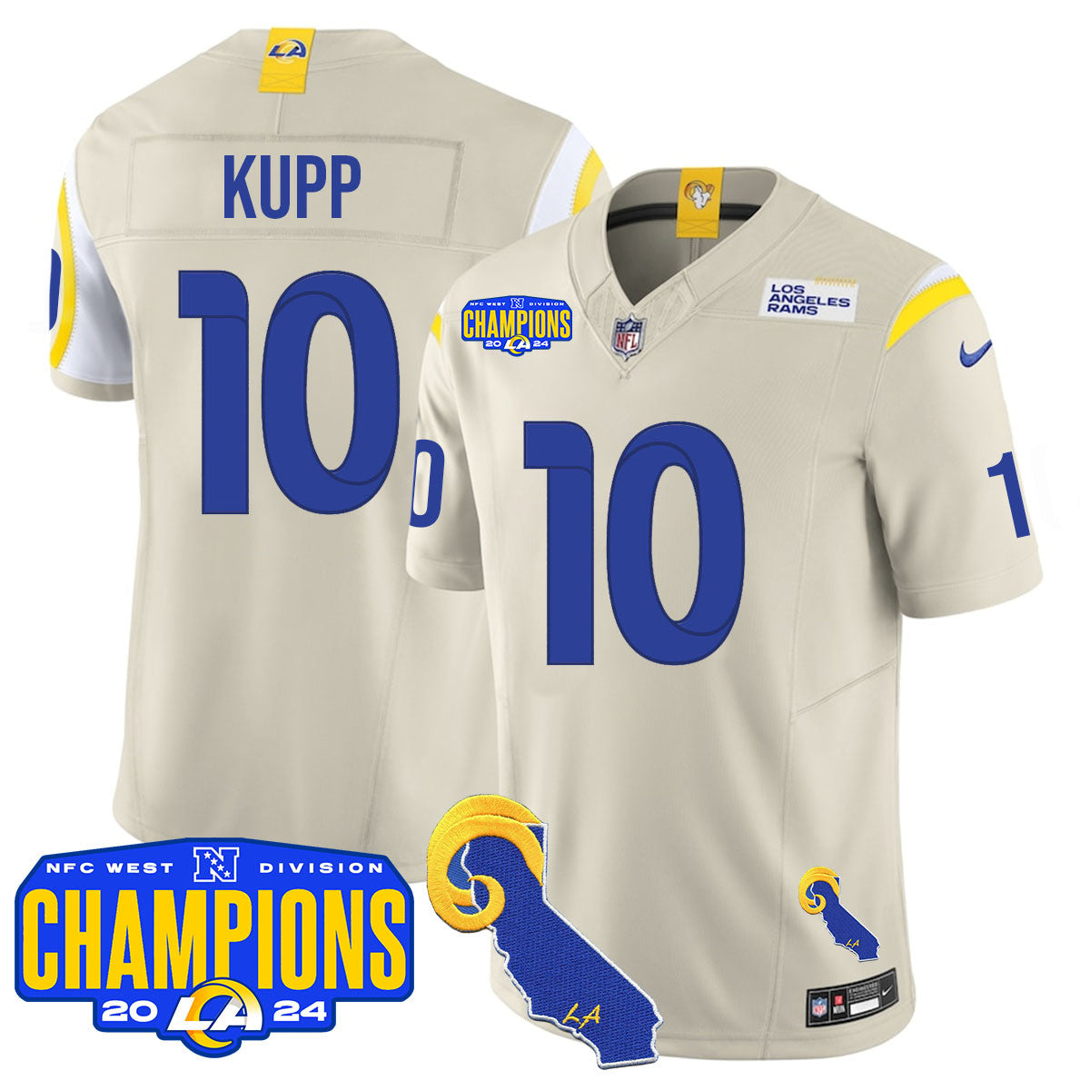 Los Angeles Rams 2024 NFC West Division Champions Jersey – All Stitched – Cooper Kupp – 10 – Bone Jersey