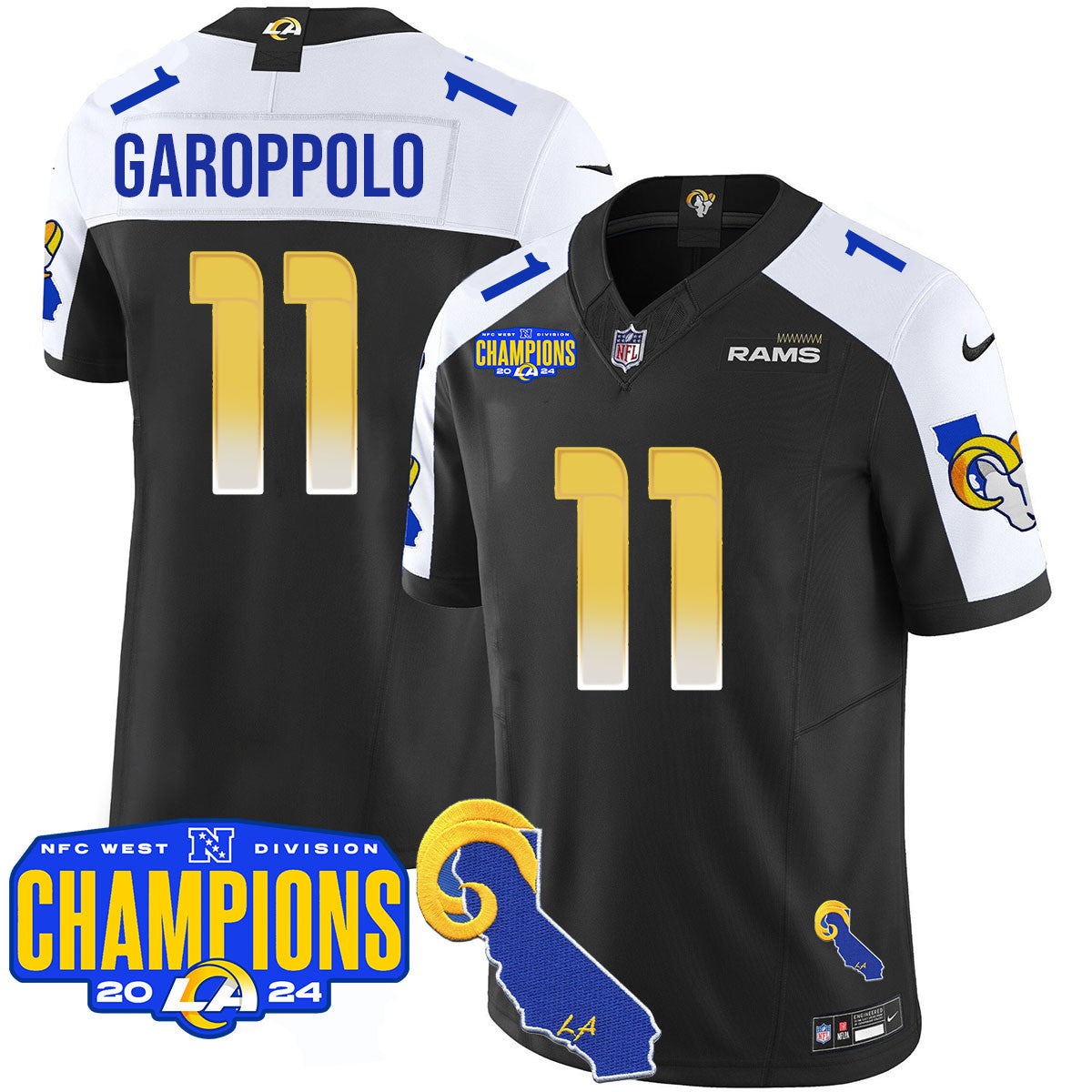 Los Angeles Rams 2024 NFC West Division Champions Jersey – All Stitched – Jimmy Garoppolo – 11 – Black Alternate Jersey