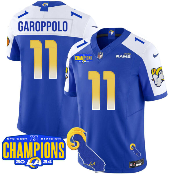 Los Angeles Rams 2024 NFC West Division Champions Jersey – All Stitched – Jimmy Garoppolo – 11 – Royal Alternate Jersey