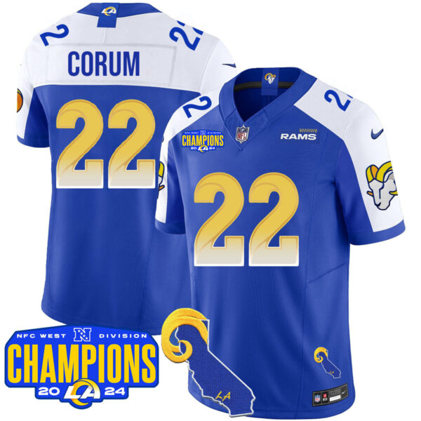 Los Angeles Rams 2024 NFC West Division Champions Jersey – All Stitched – Blake Corum – 22 – Royal Alternate Jersey