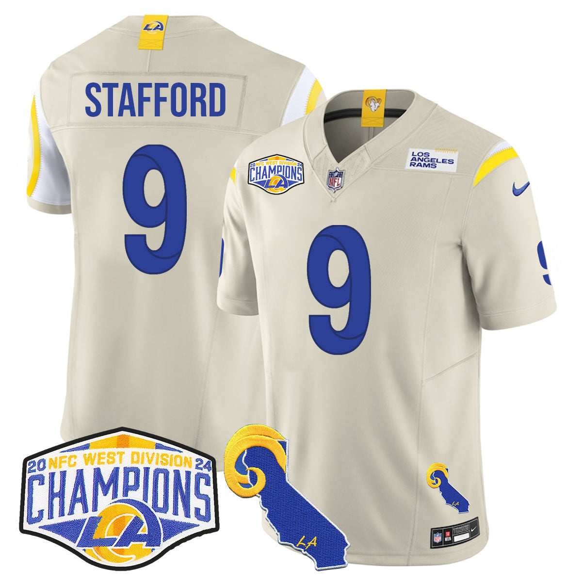 Los Angeles Rams 2024 NFC West Division Champions Jersey N1 – All Stitched – Matthew Stafford – 9 – Bone Jersey