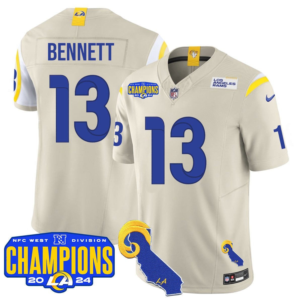 Los Angeles Rams 2024 NFC West Division Champions Jersey – All Stitched – Stetson Bennett – 13 – Bone Jersey