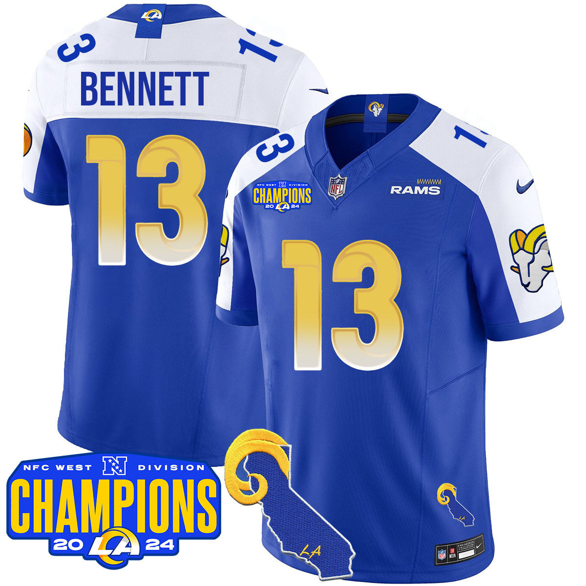 Los Angeles Rams 2024 NFC West Division Champions Jersey – All Stitched – Stetson Bennett – 13 – Royal Alternate Jersey
