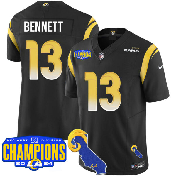Los Angeles Rams 2024 NFC West Division Champions Jersey – All Stitched – Stetson Bennett – 13 – Black Jersey