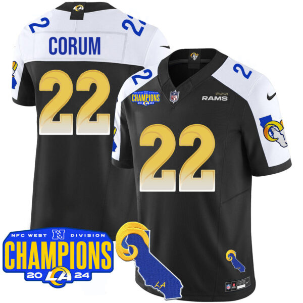 Los Angeles Rams 2024 NFC West Division Champions Jersey – All Stitched – Blake Corum – 22 – Black Alternate Jersey