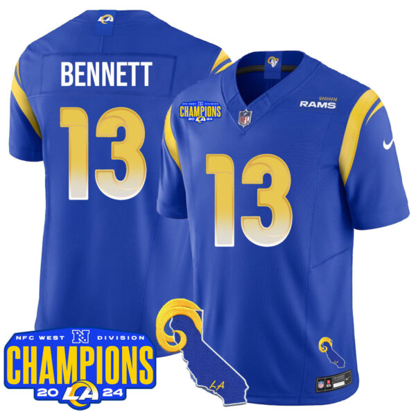 Los Angeles Rams 2024 NFC West Division Champions Jersey – All Stitched – Stetson Bennett – 13 – Royal Jersey