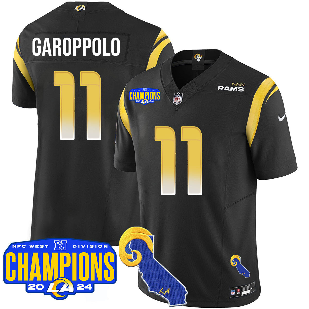 Los Angeles Rams 2024 NFC West Division Champions Jersey – All Stitched – Jimmy Garoppolo – 11 – Black Jersey