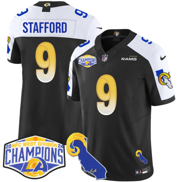 Los Angeles Rams 2024 NFC West Division Champions Jersey N1 – All Stitched – Matthew Stafford – 9 – Black Alternate Jersey