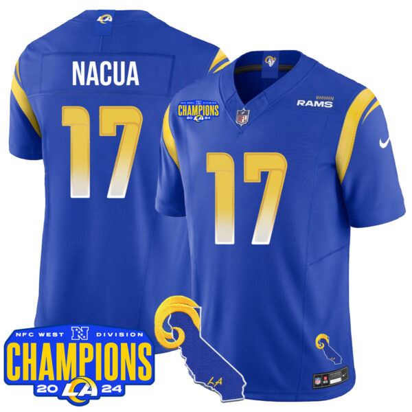 Los Angeles Rams 2024 NFC West Division Champions Jersey – All Stitched – Puka Nacua – 17 – Royal Jersey