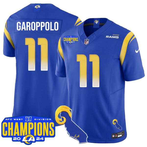 Los Angeles Rams 2024 NFC West Division Champions Jersey – All Stitched – Jimmy Garoppolo – 11 – Royal Jersey