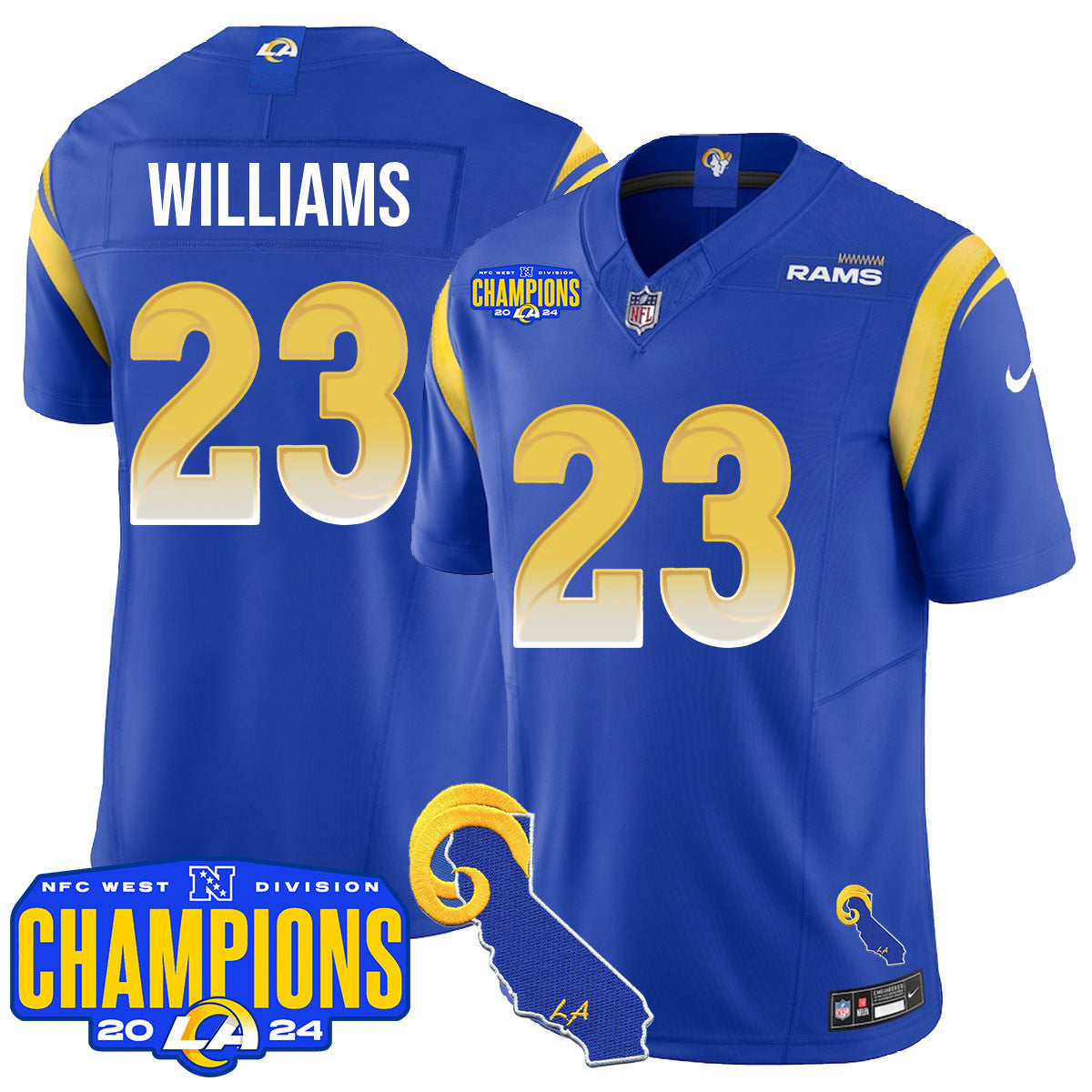 Los Angeles Rams 2024 NFC West Division Champions Jersey – All Stitched – Kyren Williams – 23 – Royal Jersey