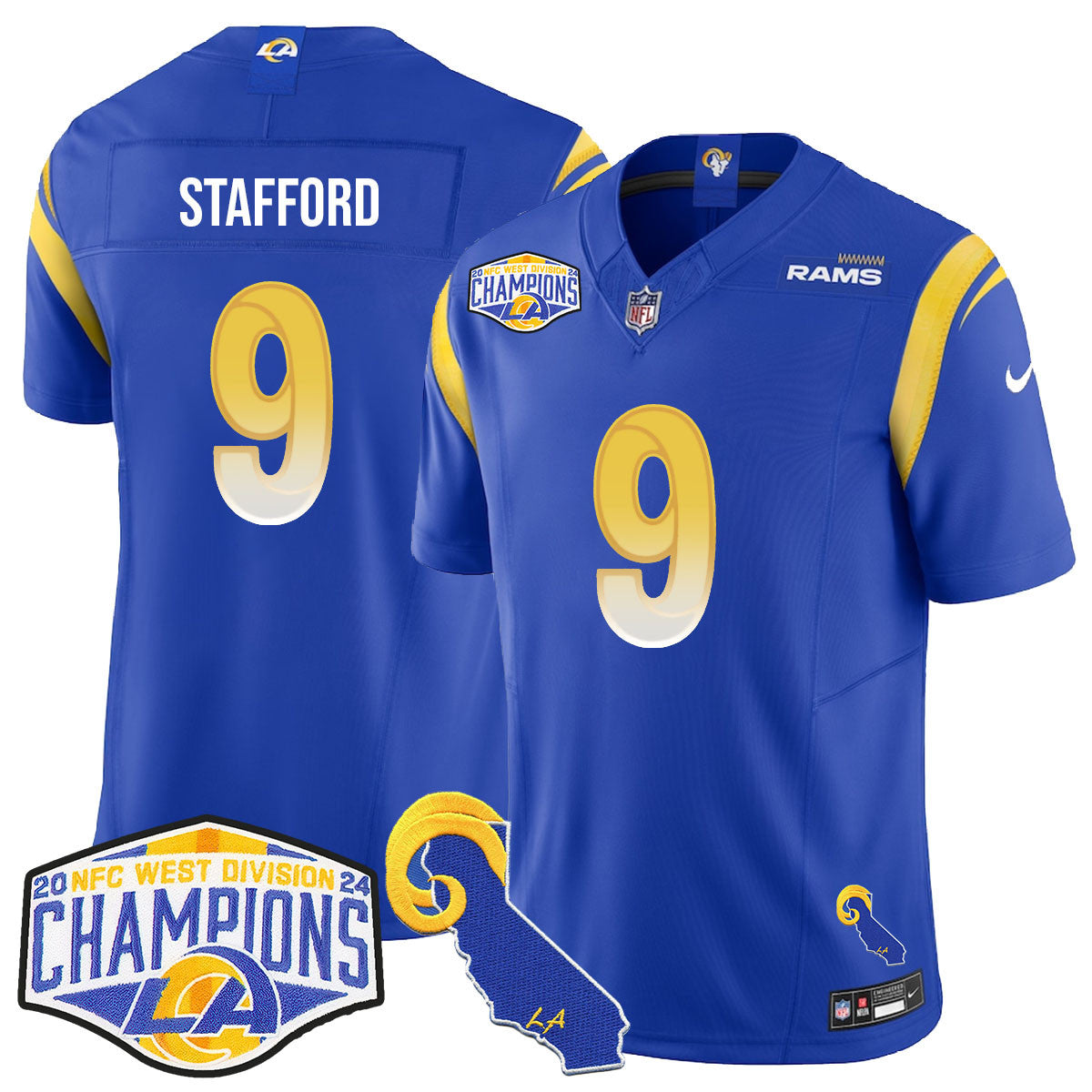 Los Angeles Rams 2024 NFC West Division Champions Jersey N1 – All Stitched – Matthew Stafford – 9 – Royal Jersey