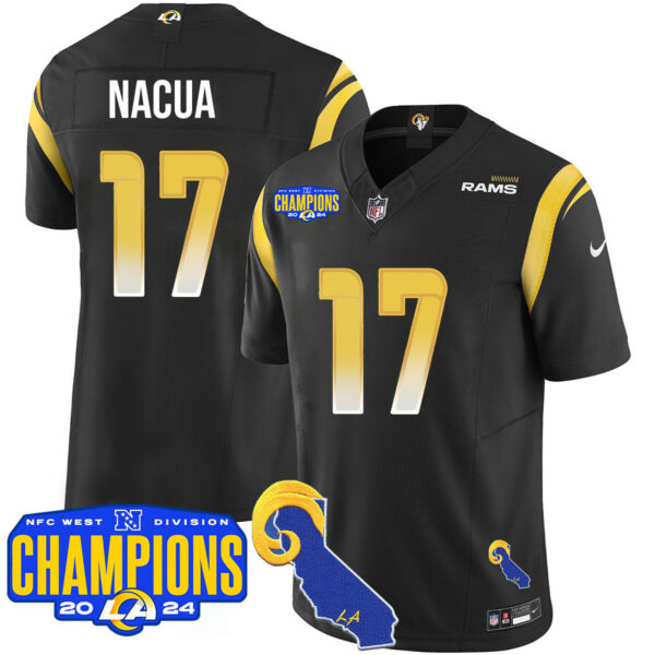 Los Angeles Rams 2024 NFC West Division Champions Jersey – All Stitched – Puka Nacua – 17 – Black Jersey
