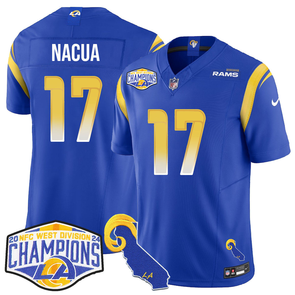 Los Angeles Rams 2024 NFC West Division Champions Jersey N1 – All Stitched – Puka Nacua – 17 – Royal Jersey